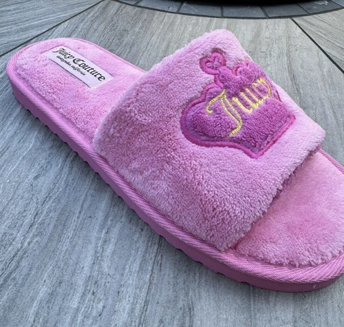 NIB Juicy Couture House Slippers Pink Multi Open Toe Heart Logo Size L (9-10) - Picture 4 of 9