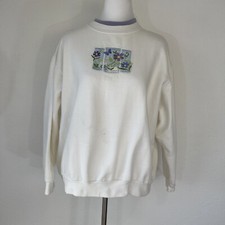 Vintage Sweatshirt Womans Sz L White Bird Chickadee Nature 90 s Grandma Core