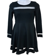 Lulus Dress Large Black Fit Flare Mesh Trim Above Knee Long Sleeve Zip Flowy LBD