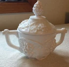 Vintage Duncan Miller milk glass sugar bowl with lid, colony harvest pattern