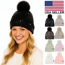 C.C Exclusive Women Winter Soft Knit All Over Shiny Star Sequin Beanie Pom Hat