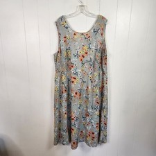 Penningtons Gray Floral Linen Smocked A-Line Midi Sleeveless Dress Size 24