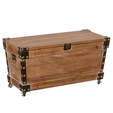 Vintiquewise Wooden Storage Trunk Bench with Wheels and Black Metal Accents