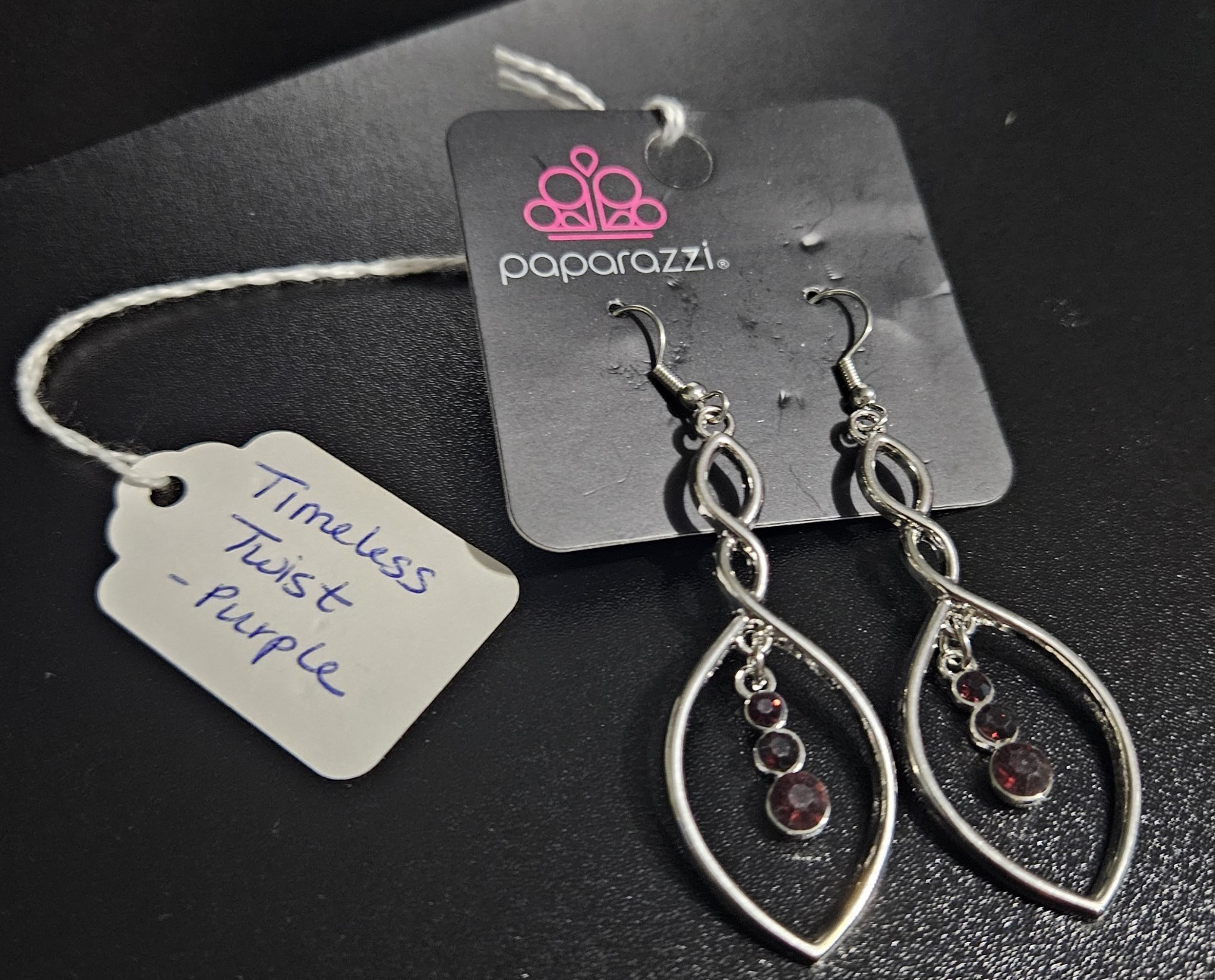 Paparazzi Silver Tone Teardrop Dangle/Drop Earrings Purple Rhinestones Hook