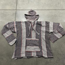 Baja Hoodie Mens XL Gray Striped Mexican Jerga Drug Rug Poncho Pullover Hippie