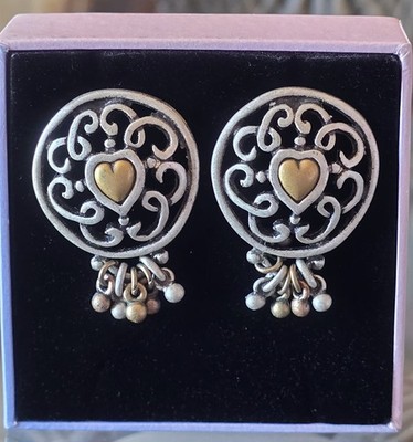 GUESS TWO-TONE FILIGREE w HEART CHUNKY CLIP-ON EARRINGS 1.75''L