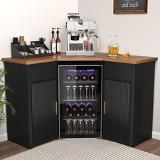 Corner Bar Cabinet with Fridge Space, Corner Coffee Bar Station with Storage