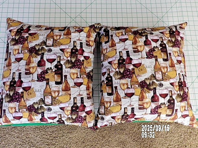 Wine Theme Pillow Covers for 18" Pillows, S/2, Quilted Brown Backside, Handmade