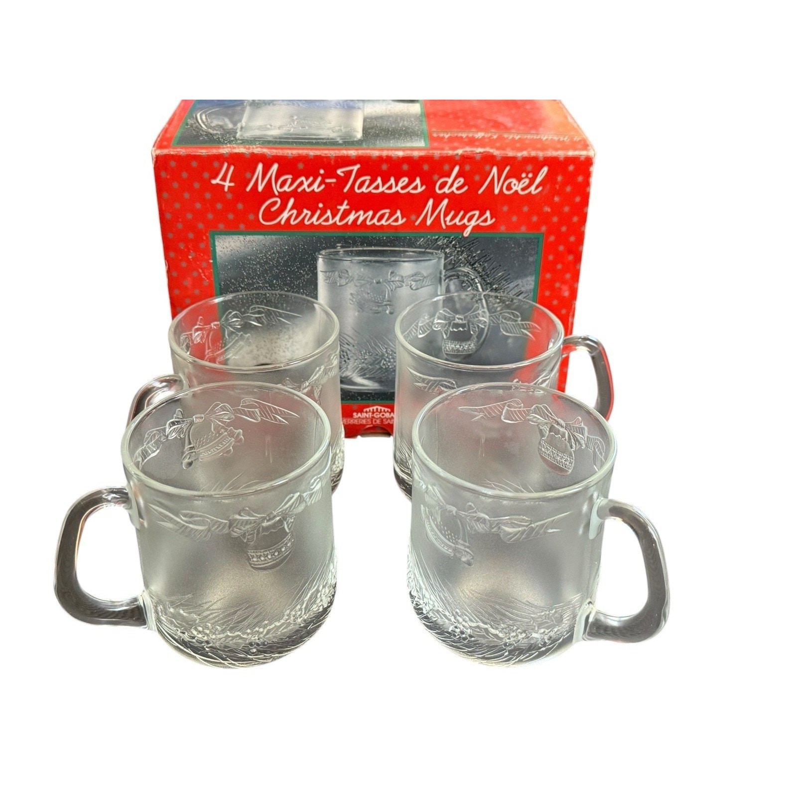 VTG Christmas Holiday Mugs (4) Duralex Saint-Gobain Maxi-Tasses De Noel Glass