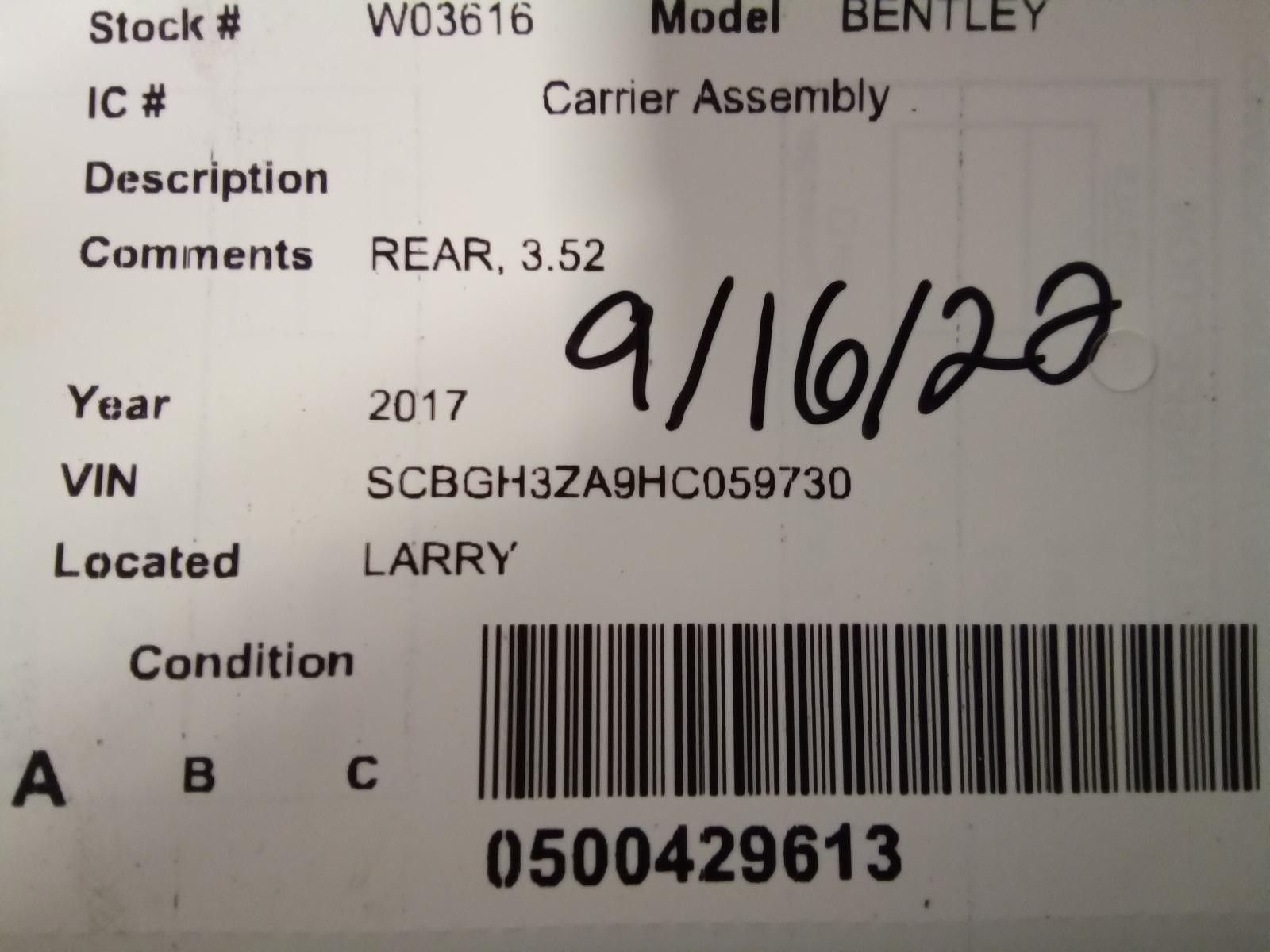 Used Differential Carrier Assembly fits: 2017 Bentley CONTINENTAL GT  Grade A