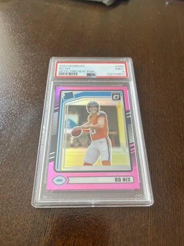 2024 Panini Donruss Rated Rookie Bo Nix #369 Optic Preview Pink Prizm RC PSA 9