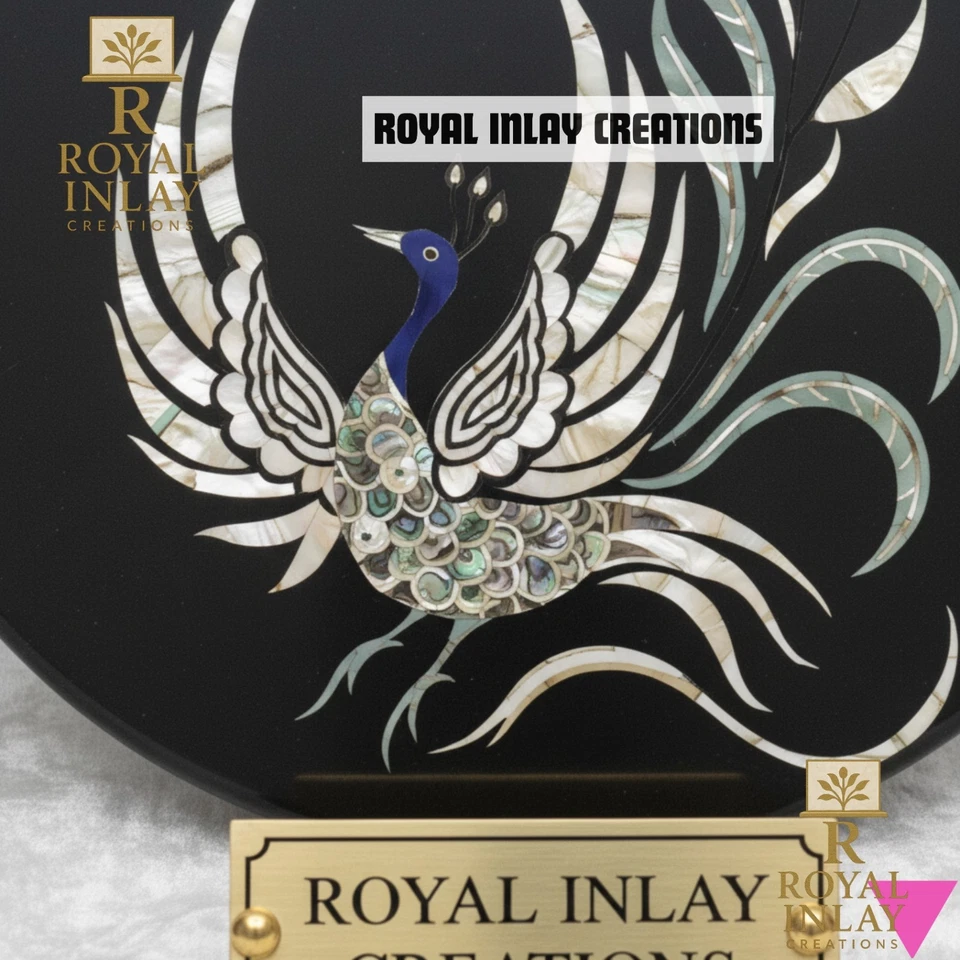 Exquisite Black Marble Peacock Inlay Tabletop - Mother of Pearl Art Deco 18" - Image 3 of 4