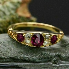 14K Yellow Gold Finish 2 Ct Round Cut Ruby & Diamond Antique Wedding Band Ring