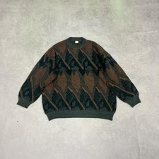 Vintage Knitted Jumper Abstract Leaf Patterned Grandad Knit Sweater Men's L