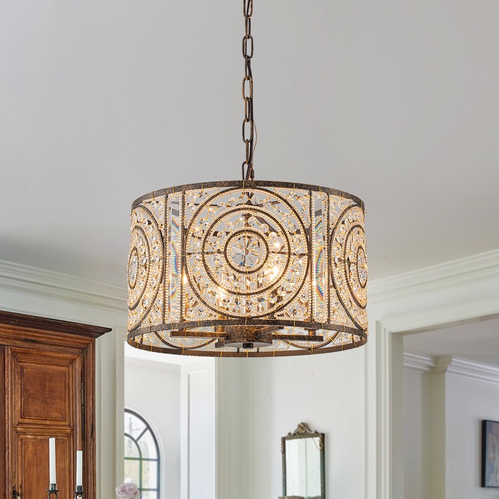 Vintage Bronze Crystal Chandeliers 4-Light Drum Pendant Lights For Dining Room