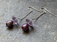 Très longues boucles d'oreilles, argent, améthystes et perles d'eau douce mauve