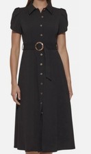 NWT CALVIN KLEIN TULIP SLEEVE FIT&FLARE BELTED MIDI DRESS BLACK SIZE 22W dz8