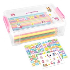 Large Plastic Clear Hard Pencil Box Case for Kids Girls Boy with Stickers Pink