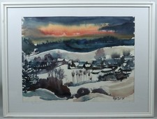Max Wild (1911-2000 Kulmbach) - Dorf im Frankenwald Abendsonne Schnee Aquarell 2