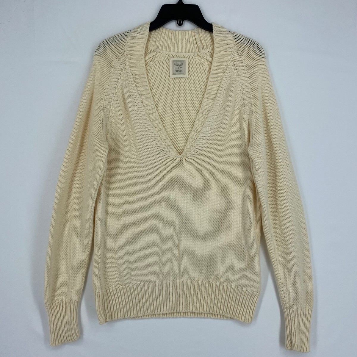 Old Navy Womens XL Pullover Sweater Cream Deep V-Neck Long Sleeve Cotton  Acrylic