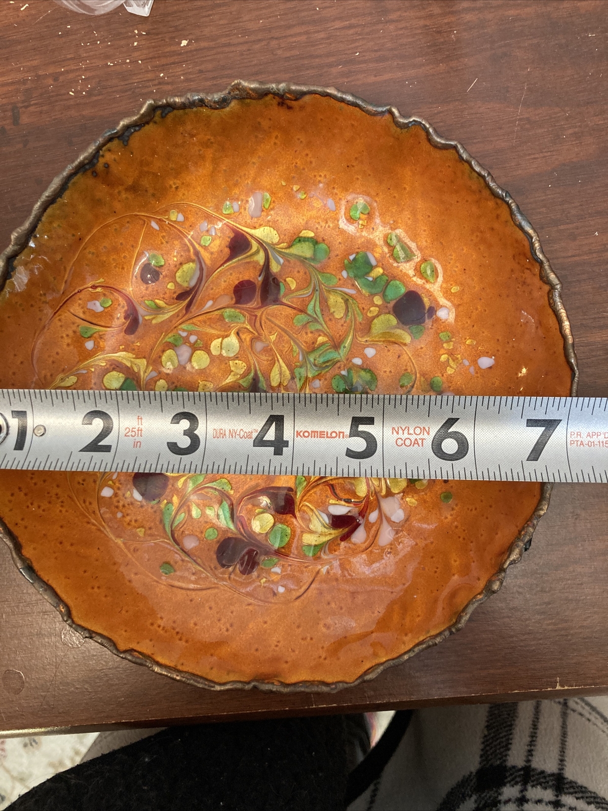 Vtg Handcrafted Enamel Copper Artisan Op Art Vessel Plate Dish Bowl Mcm