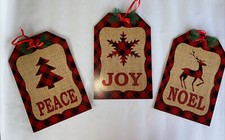 Set 3 Christmas House Decor Wall Signs BUFFALO RED PLAID CHECK Joy, Peace, Noel