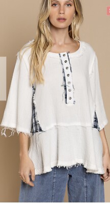 NWT Boutique Designer POL Boho Ivory Patchwork Detail Top Plaid Accents S M L