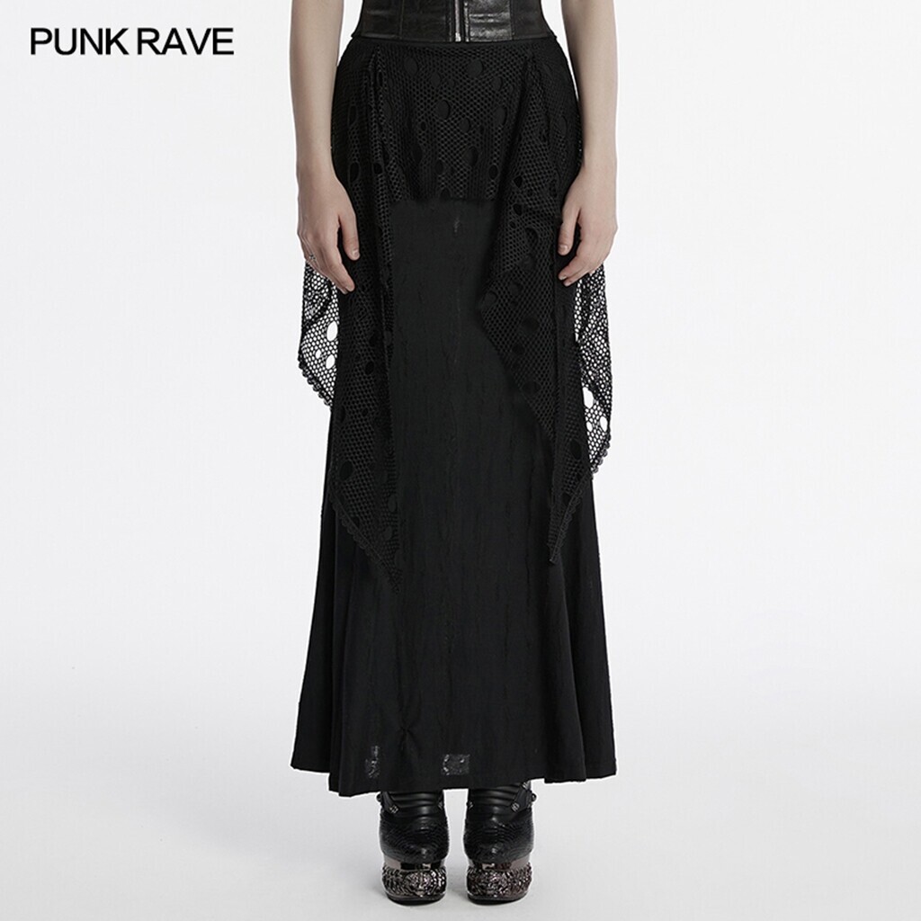 Punk Rave Women Black Gothic Punk Decadent Irregular Layered Fishtail Long  Skirt