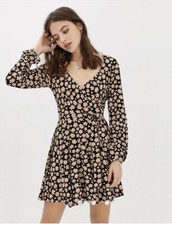 Free People Size S Pradera Floral Print Faux Wrap Short Dress Tie Sleeve Stretch