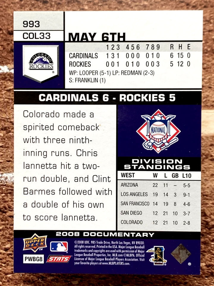 2008 Upper Deck Documentary Todd Helton #993 - Image 2 of 2