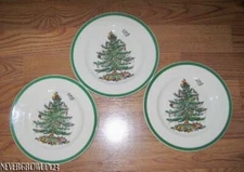 (3) SPODE CHRISTMAS TREE 7-3/4" SALAD PLATES~GREEN BAND~ENGLAND~EUC