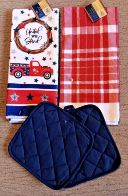 4pc COUNTRY TRUCK TOWEL SET  2 Kitchen Towels, 2 Potholders,  Red/White/Blue