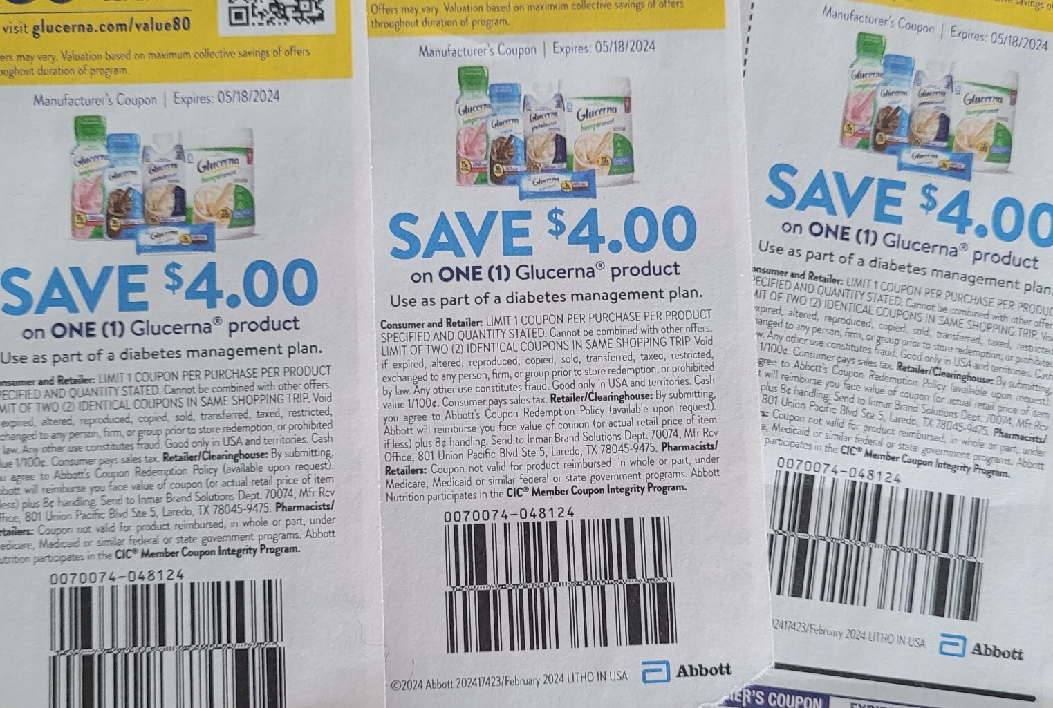 LOT of FOUR (4) GLUCERNA Coupons. Each good for $4 one product. Exp 5 ...