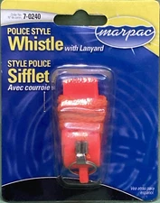 NEW MARPAC 7-0240 SAFETY WHISTLE POLICE-STYLE PLASTIC ORANGE W/ LANYARD