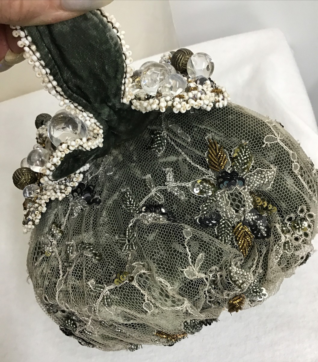 Bagteria Evening Purse Taupe Lace White/silver/ Clear Beads And