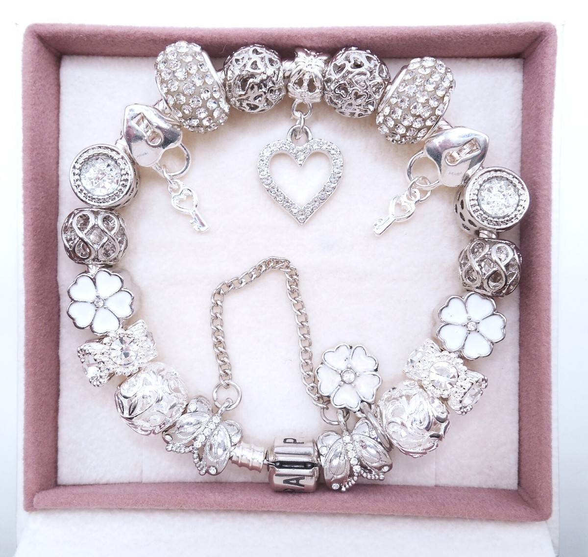 AUTHENTIC PANDORA SILVER CHARM BRACELET WITH CZ HEART LOVE CHARMS & GIFT  BOX!