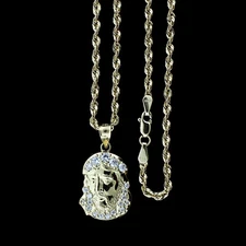 Mens Real 10K Yellow Gold Jesus Head Face Charm Pendant & 2.5mm Rope Chain