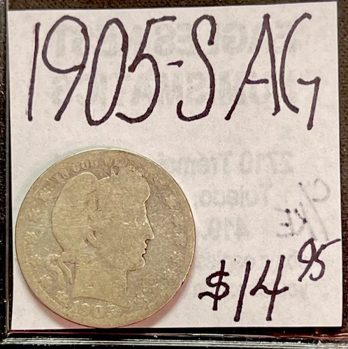 1905-S Barber Silver Quarter (AG)  About Good Condition. ENN Coins