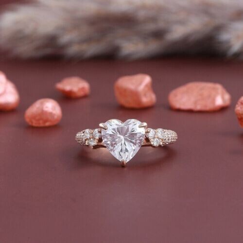 2Ct Heart Cut Simulated Moissanite Woman's Engagement Ring 14K Rose Gold Finish. - Picture 1 of 5