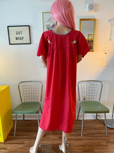 Vintage Mexican Embroidered Caftan Dress Cherry Red Cotton Oaxaca Floral M/L - Picture 5 of 6