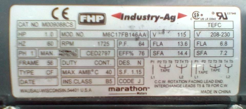 Marathon Motors Fan and Blower Motor 1 HP, 1725 RPM, 1PH, 115/208-230 V - Image 4 of 4