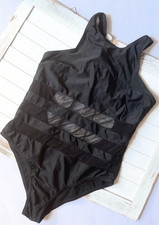 Black Mesh Accents One Piece Swimsuit Wide Strap Stretch Size L