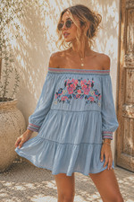 Free People Sunbeams Pastel Blue Boho Embroidered Peasant Mini Dress Tunic Small