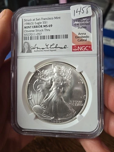 1986(S) Silver Eagle NGC MS69 Anna Cabral Signed * First Year Of Issue Ngc Error