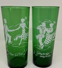 Vintage 2 Anchor Hocking Green Drink Glasses Do Si  Do Swing High Swing Low