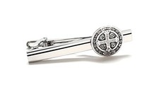 St Benedict Tie Clip Catholic Tie Bar Mens Religious Silver Wedding Gift