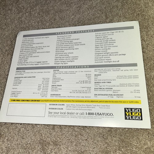 2 1988 YUGO Information Sales Sheet YUGO GVX / YUGO GVL - Picture 5 of 5