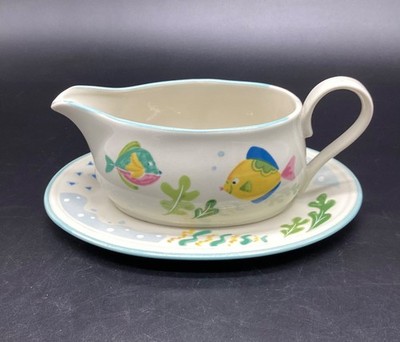 Vtg Studio Nova BARRIER REEF Gravy Boat Under Plate Fish Beach Sea Life 2 Pc