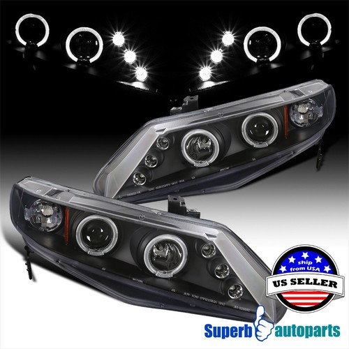 Fits 2006-2011 Honda Civic 4D Dual LED Halo Projector Headlights Black 06-11