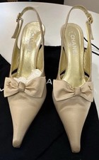 Chanel Satin Pearl Logo Bridal Slingback Vintage Heels 37.5 Excellent Condition